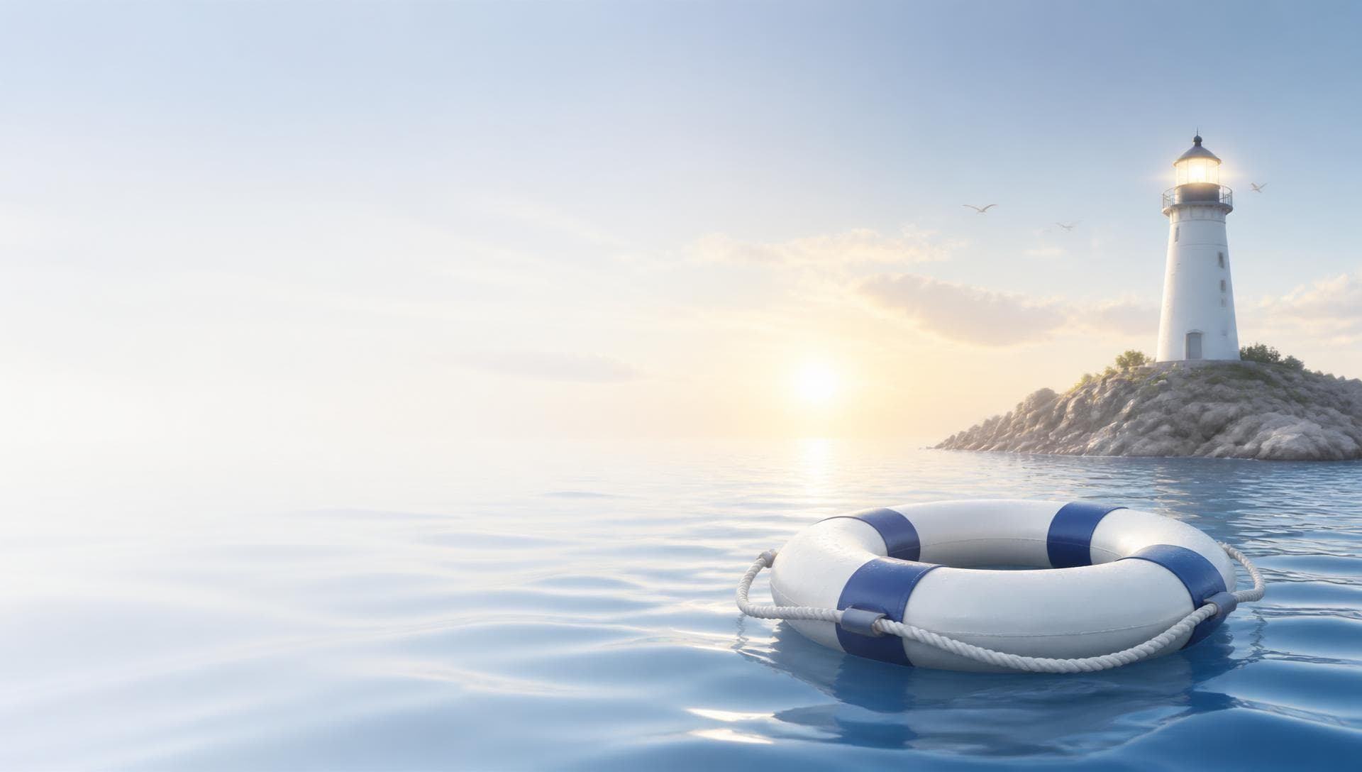 Calm sunrise ocean with a floating lifesaver and a distant lighthouse