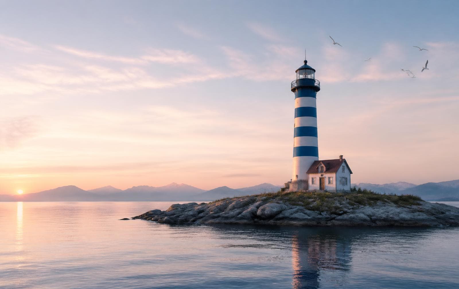 A striped lighthouse on a small island at sunrise